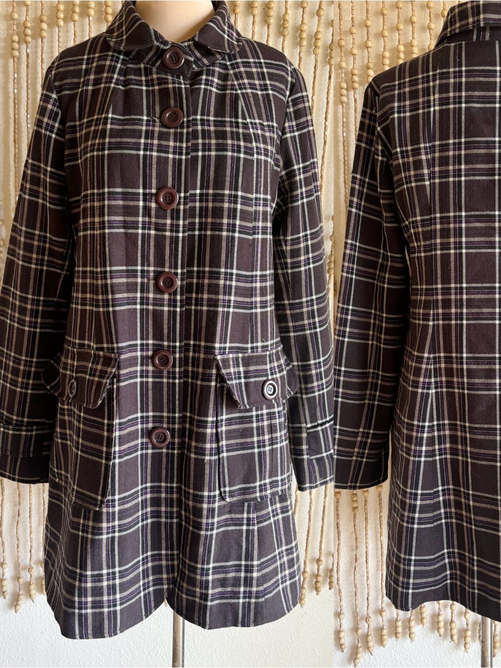 BB Dakota Vintage Y2K Plaid Wool Blend Brown Purple Twee Acadamia Fall Long Coat